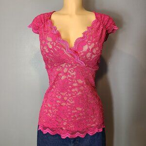 Boston Proper Pink Babydoll Lace Blouse Top Womens Sz Large Cap Sleeve Y2K Vtg